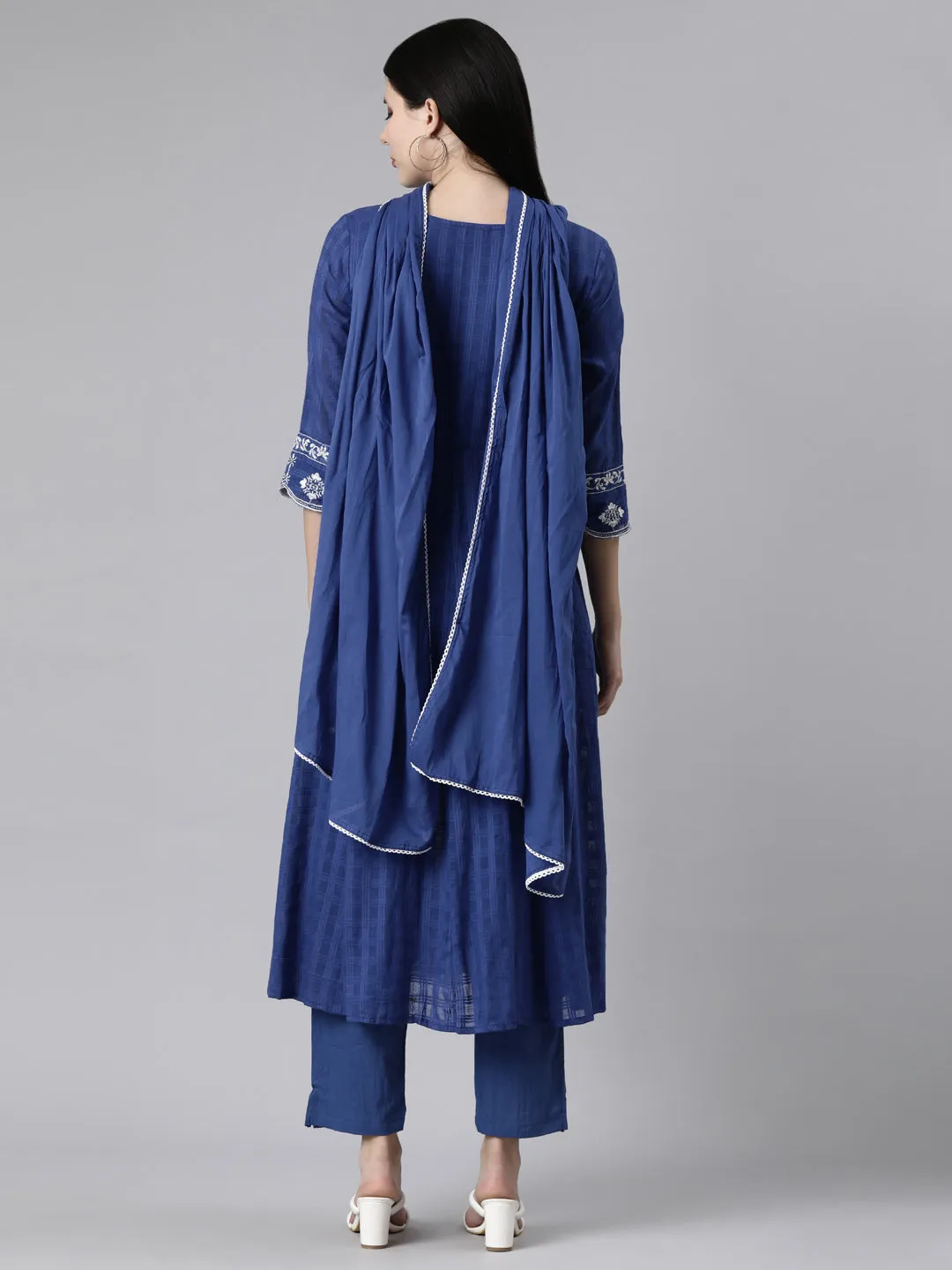 Neerus Blue Casual Solid Anarkali Kurta and Trousers With Dupatta