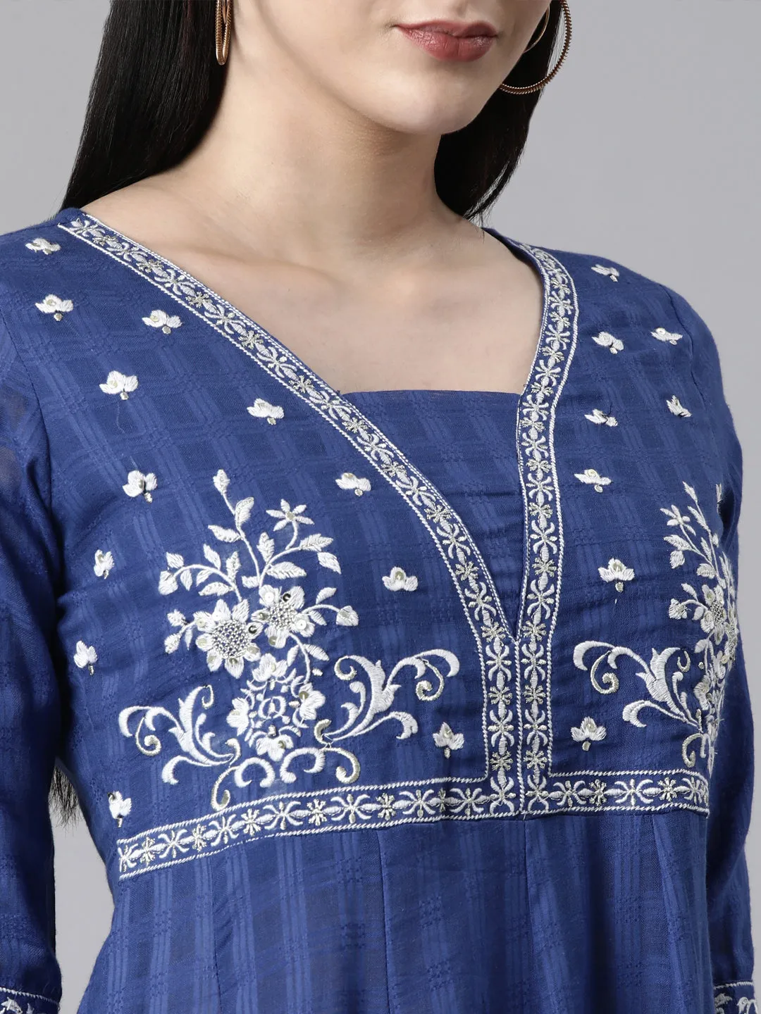 Neerus Blue Casual Solid Anarkali Kurta and Trousers With Dupatta