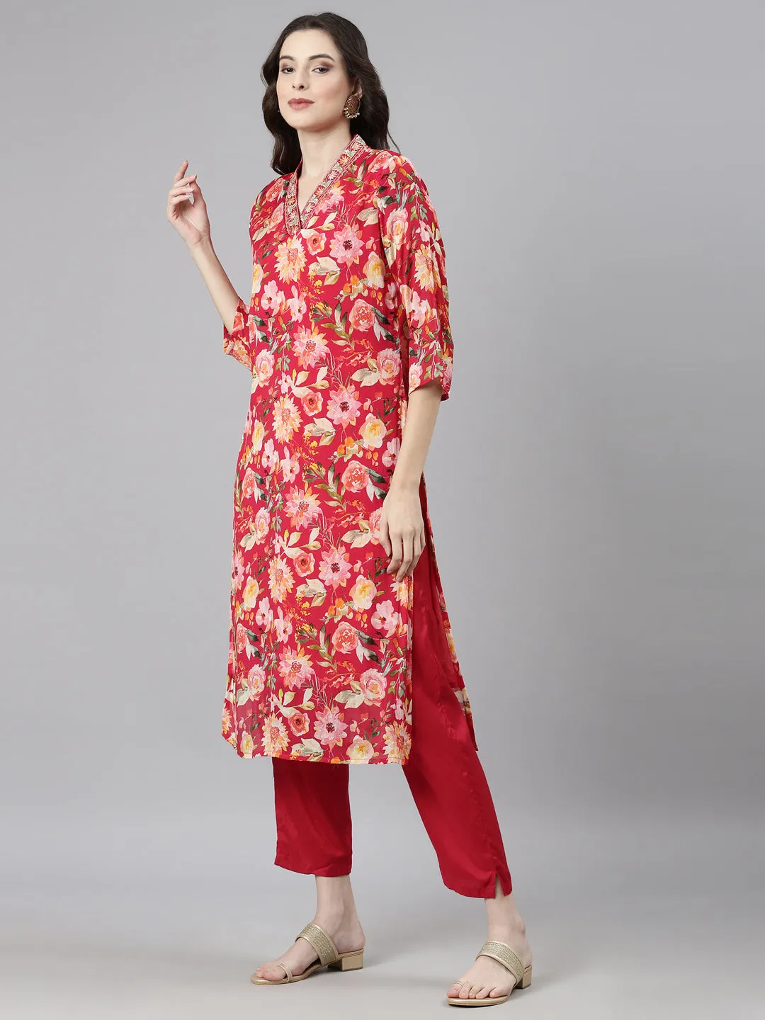 Neerus Pink Casual Floral Straight Kurta and Trousers With Dupatta