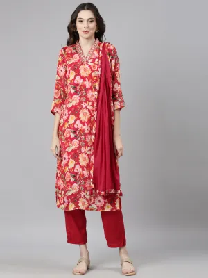 Neerus Pink Casual Floral Straight Kurta and Trousers With Dupatta