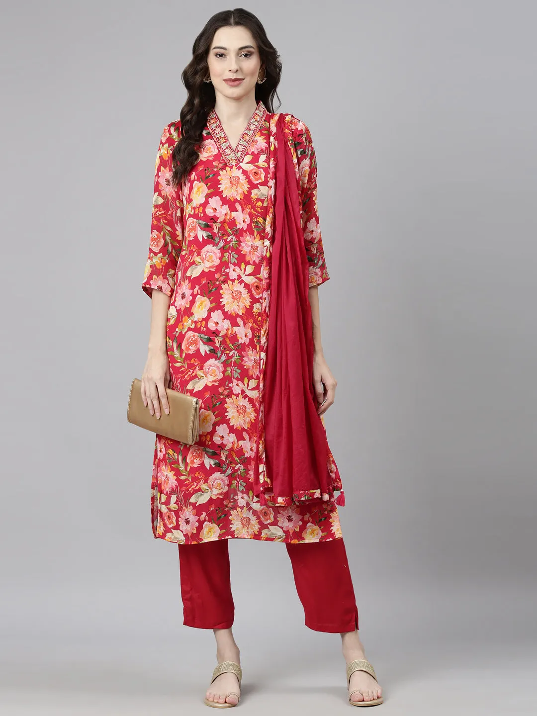 Neerus Pink Casual Floral Straight Kurta and Trousers With Dupatta