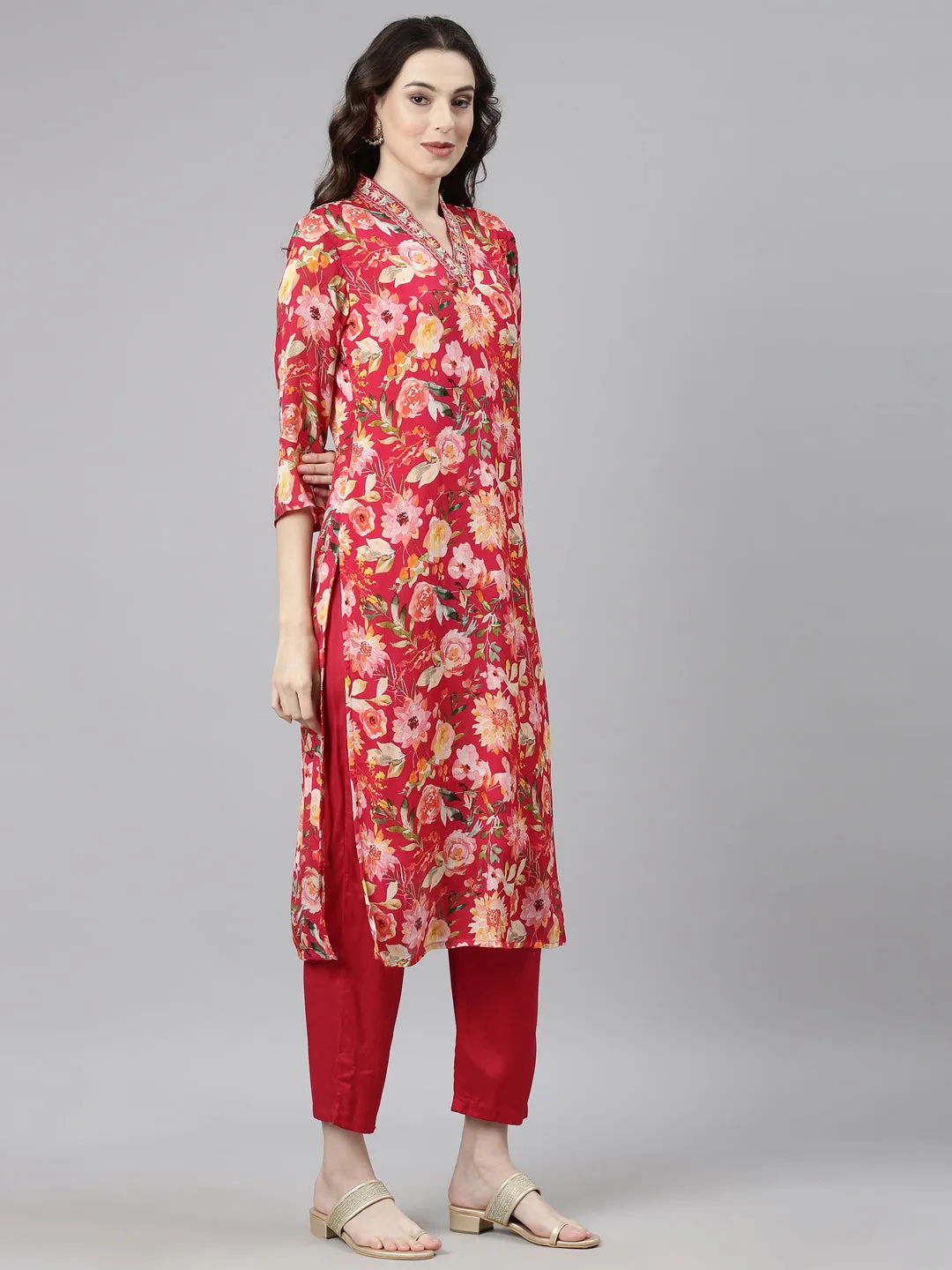 Neerus Pink Casual Floral Straight Kurta and Trousers With Dupatta