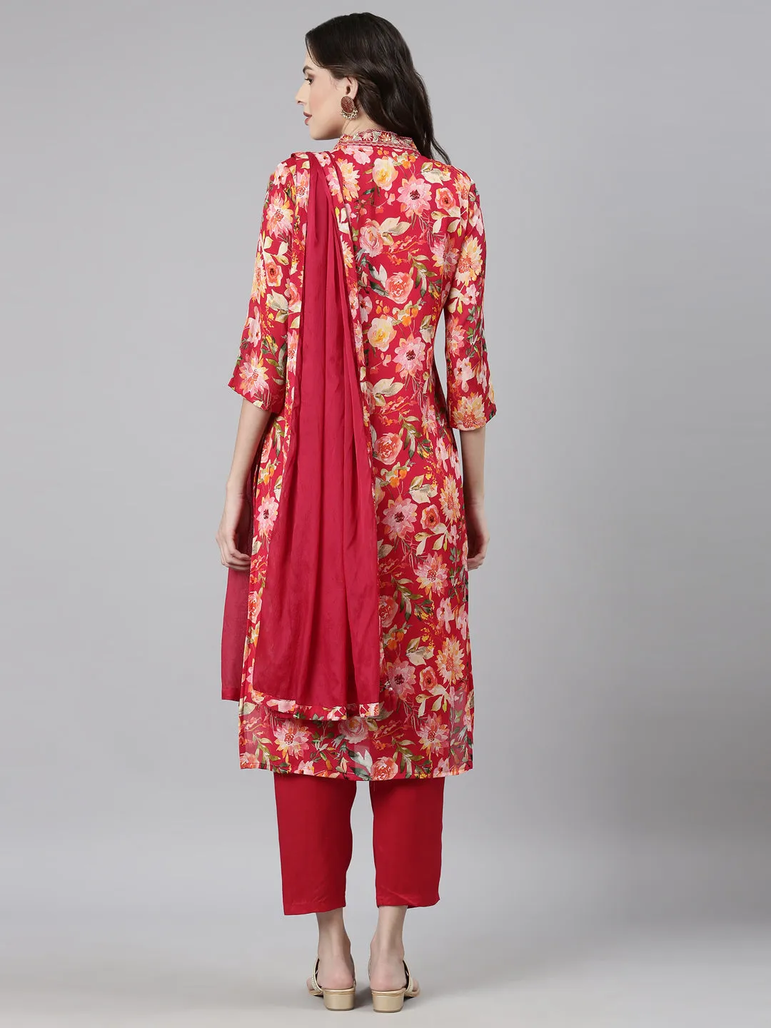 Neerus Pink Casual Floral Straight Kurta and Trousers With Dupatta