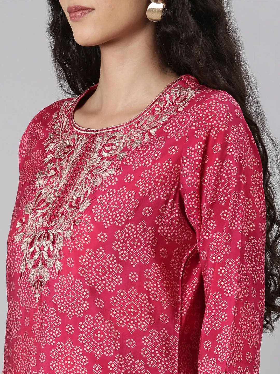 Neerus Pink Straight Casual Bandhani Kurta and plazzo with Dupatta