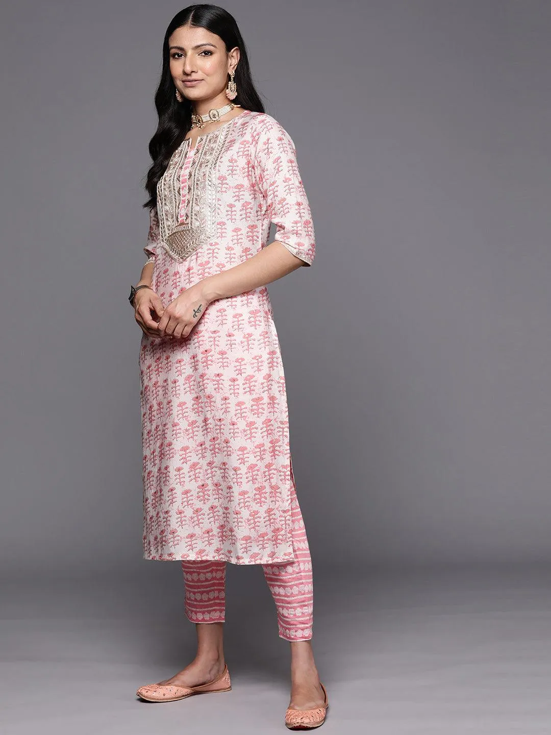 Peach Printed Silk Straight Kurta With Trousers