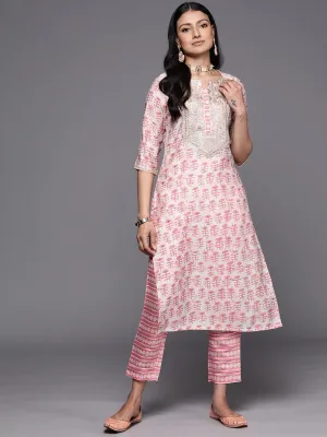 Peach Printed Silk Straight Kurta With Trousers