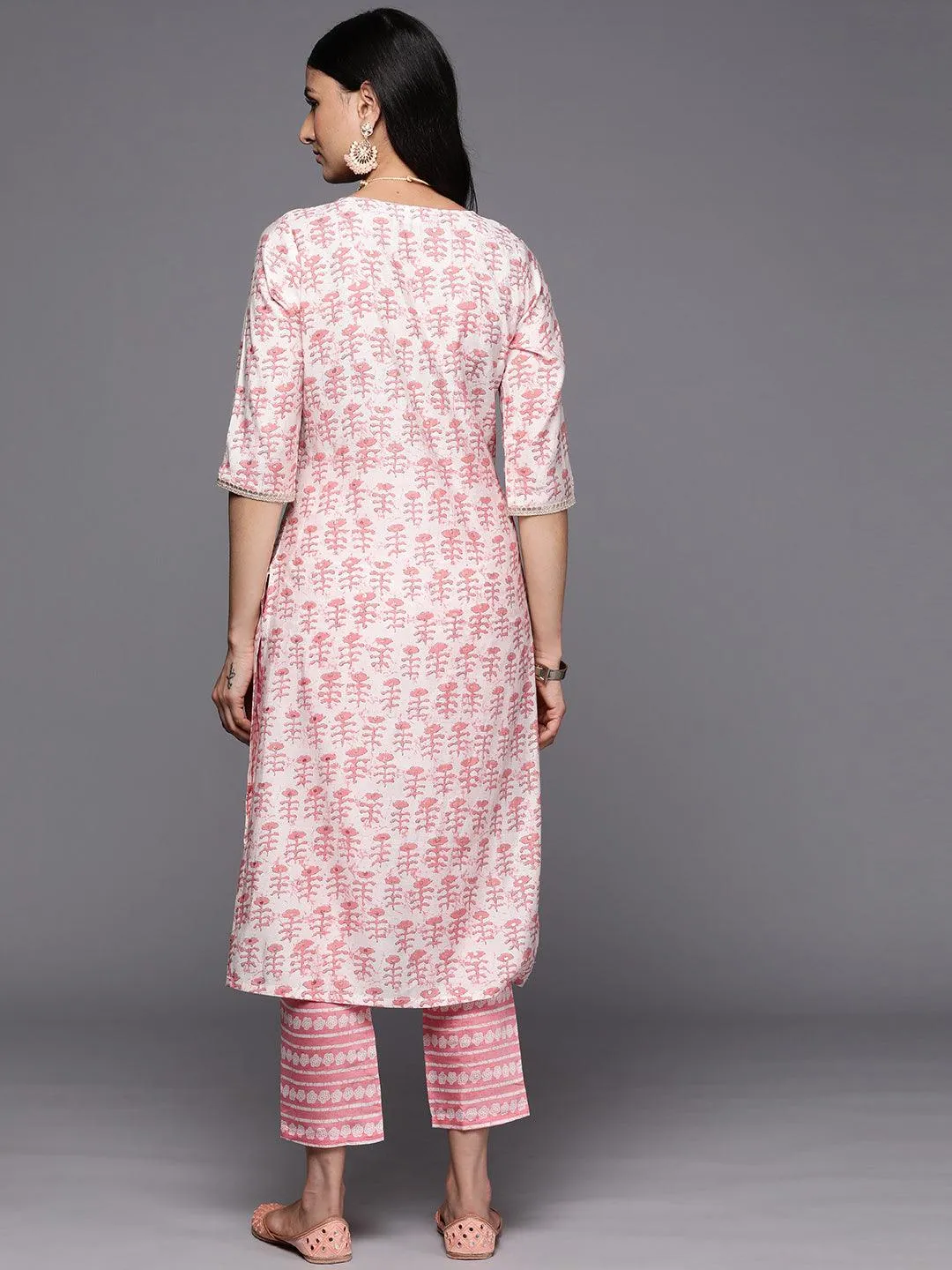 Peach Printed Silk Straight Kurta With Trousers