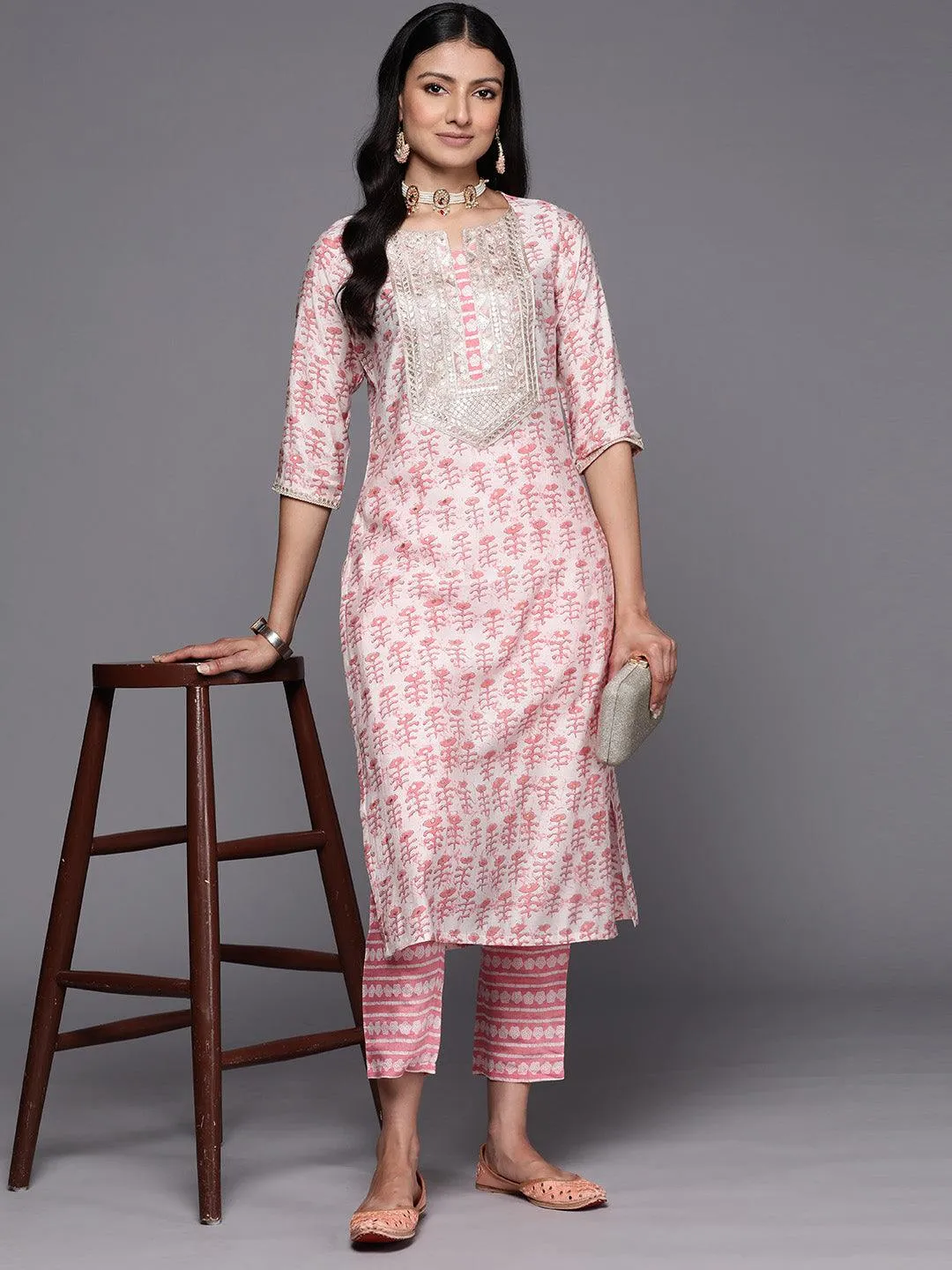 Peach Printed Silk Straight Kurta With Trousers