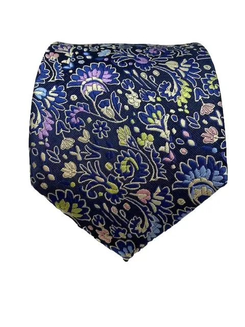 Pink, Blue, Green & Gold Mini-Floral Navy Blue Necktie