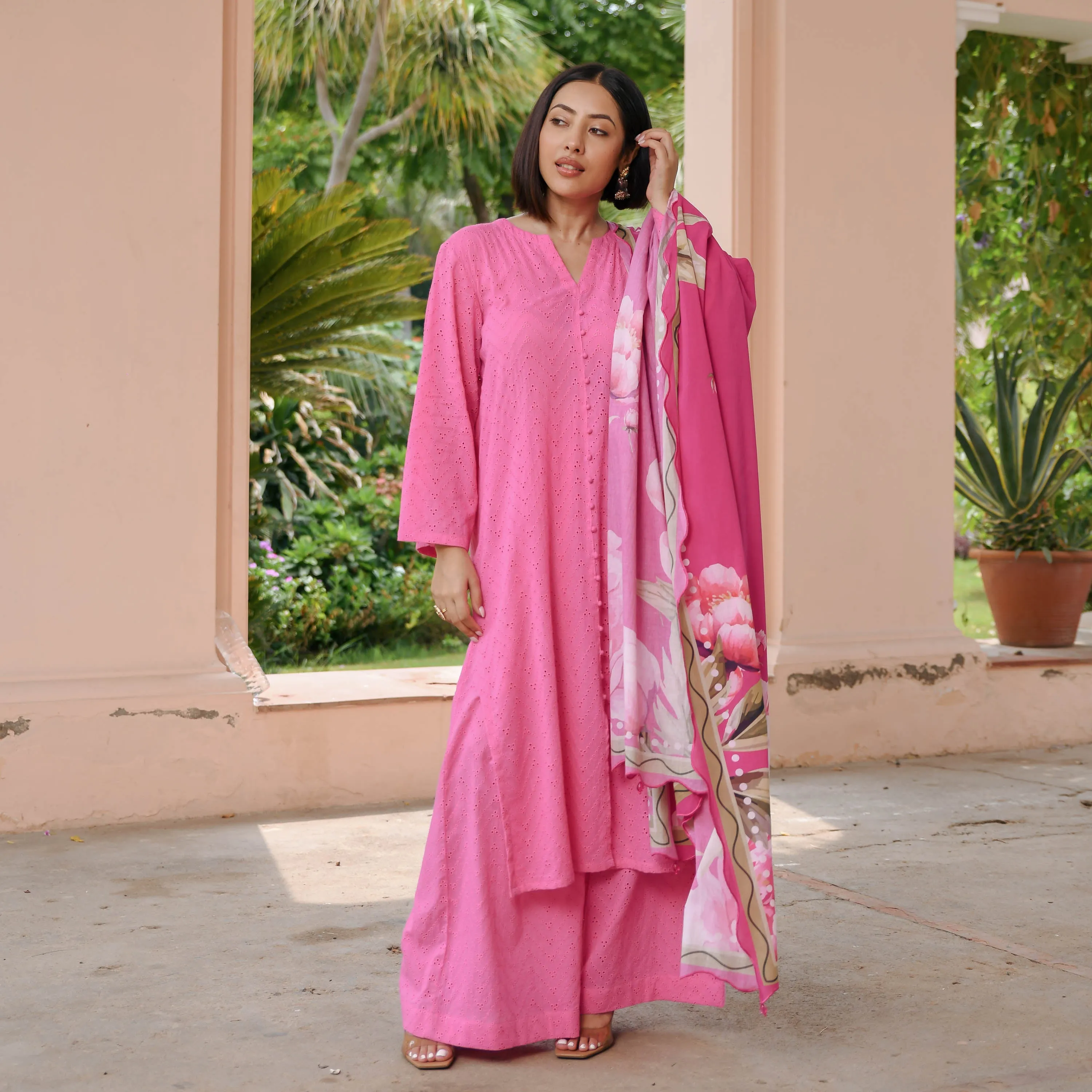 Pink Cotton Schiffli Suit Set