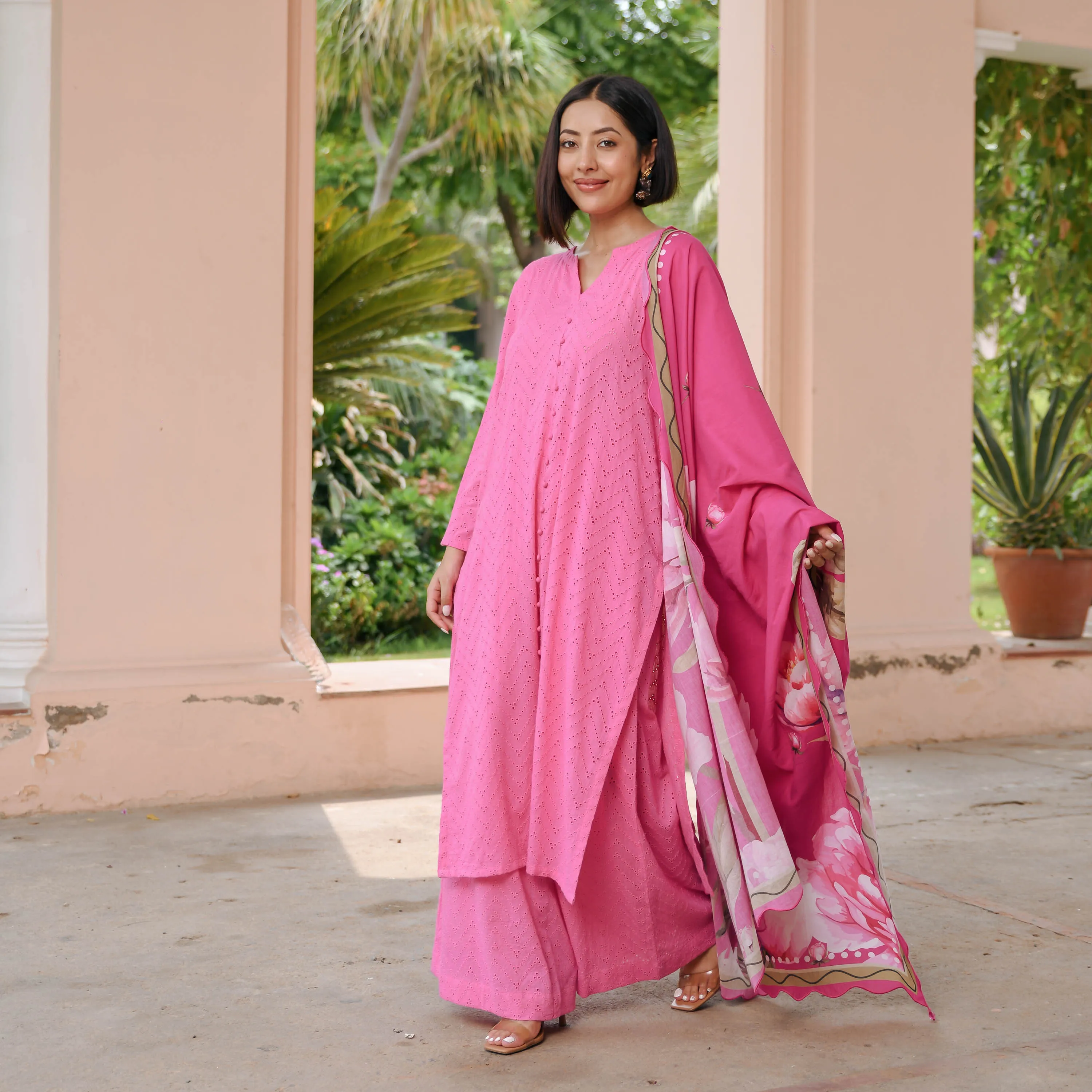 Pink Cotton Schiffli Suit Set