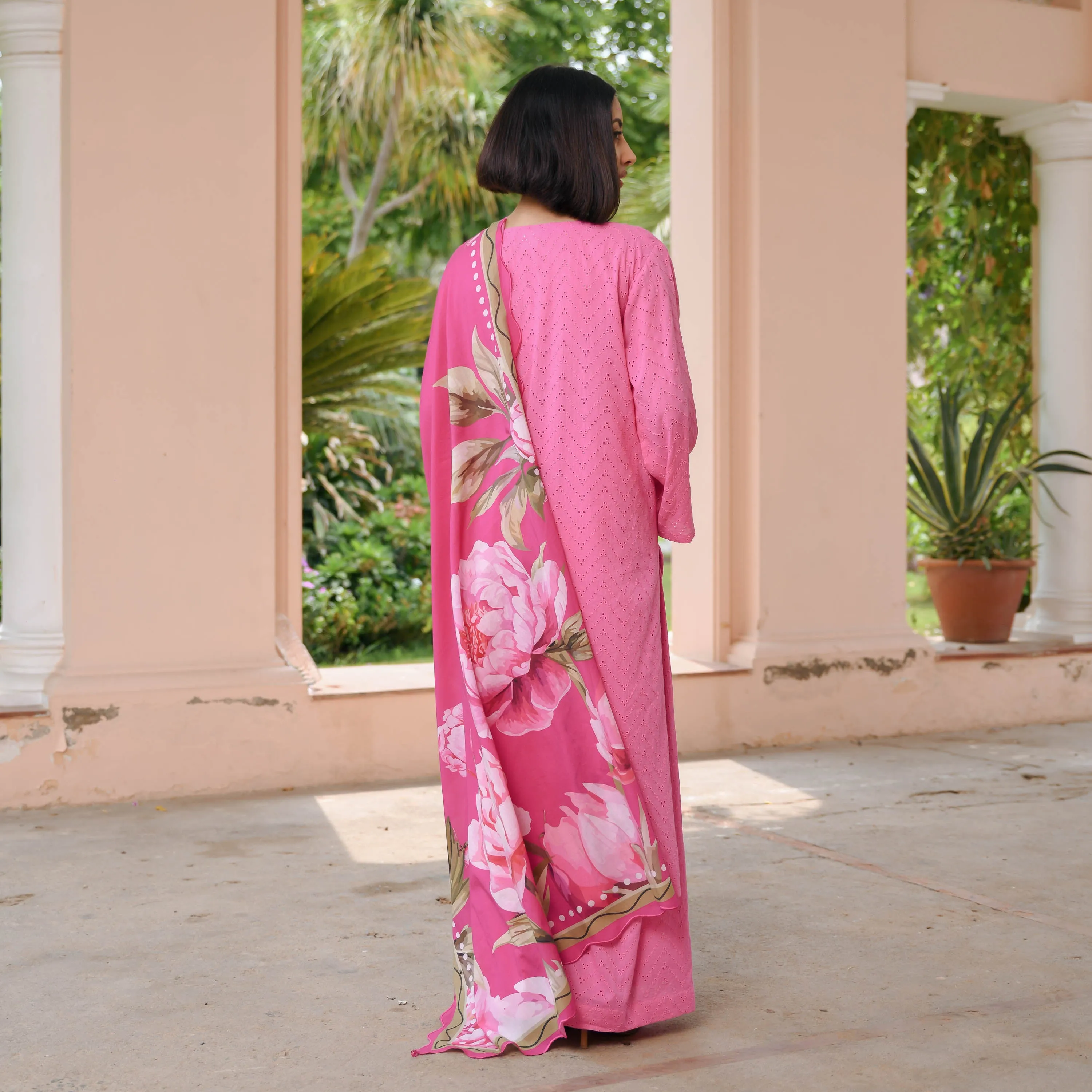 Pink Cotton Schiffli Suit Set