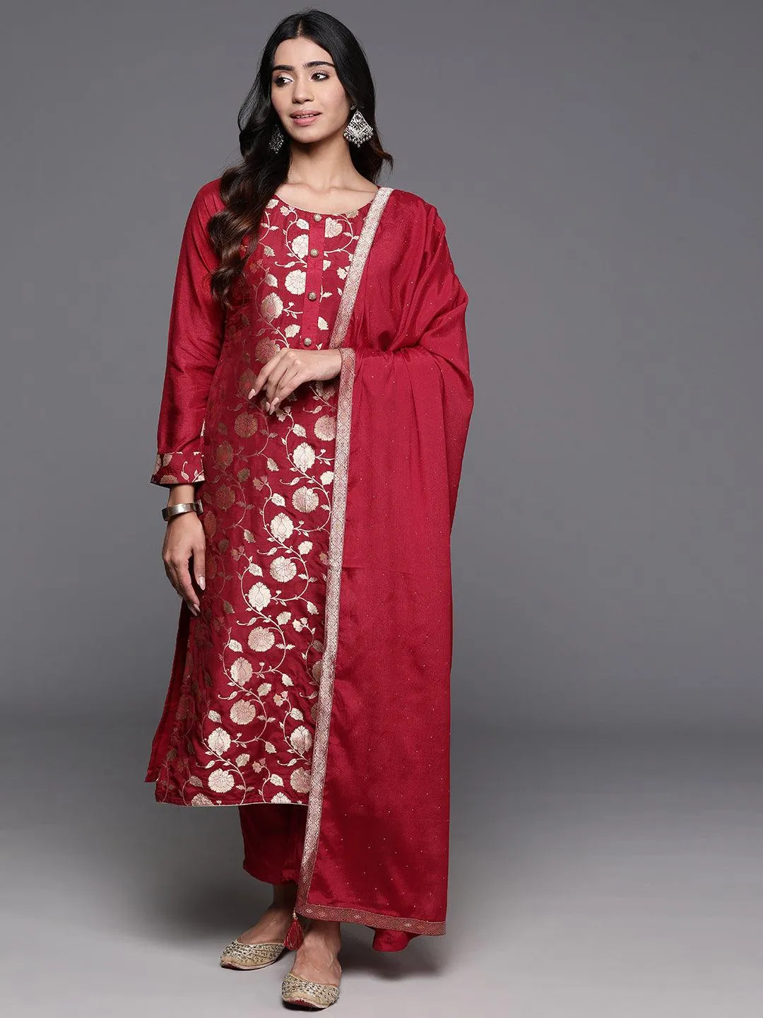 Red Woven Design Silk Blend Straight Suit With Dupatta