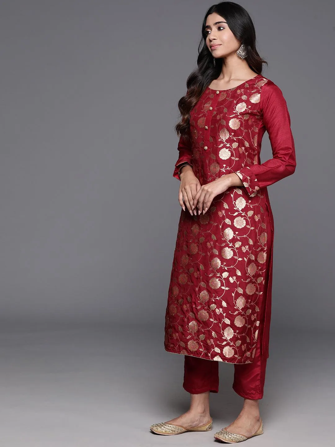 Red Woven Design Silk Blend Straight Suit With Dupatta