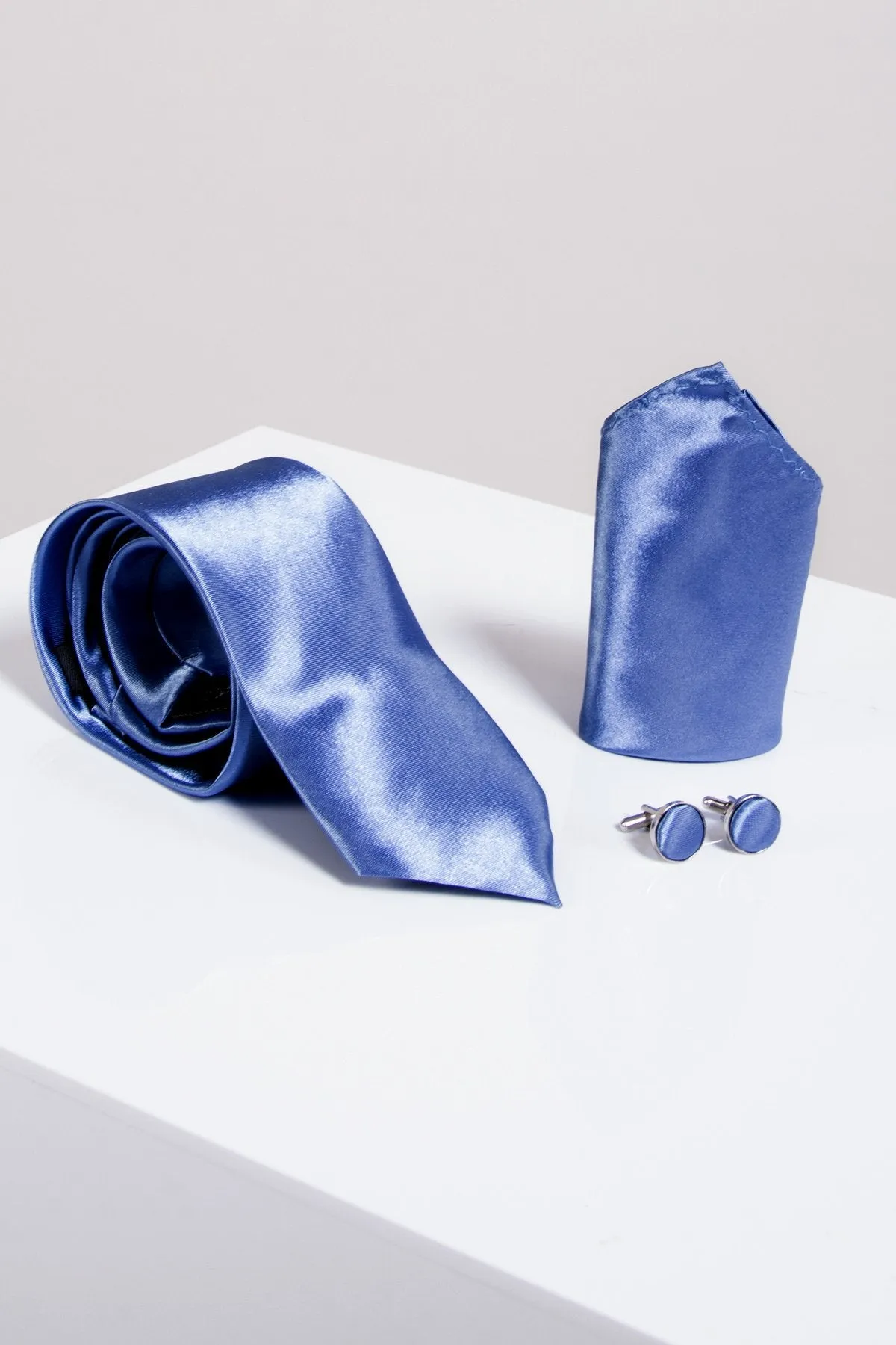 Sky Blue Satin Tie, Cufflink & Pocket Square