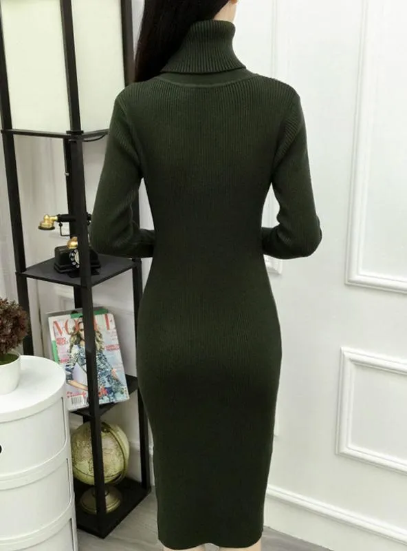 TastyHottie - Turtleneck Ribbed Long Sleeve Knit Sweater Dress