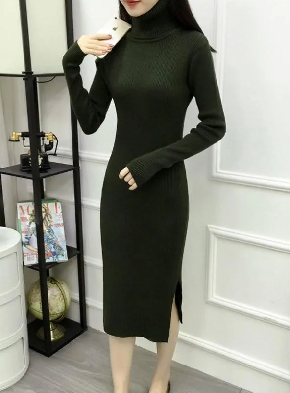 TastyHottie - Turtleneck Ribbed Long Sleeve Knit Sweater Dress