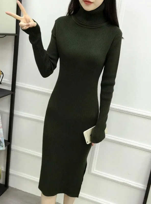 TastyHottie - Turtleneck Ribbed Long Sleeve Knit Sweater Dress