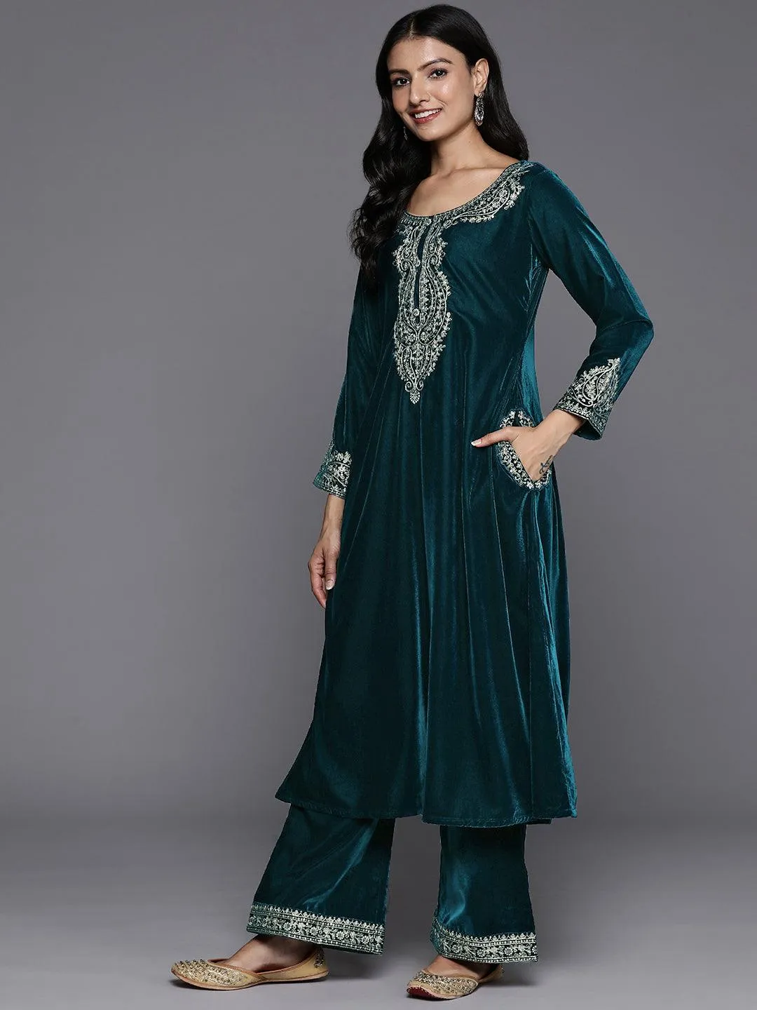 Teal Yoke Design Velvet A-Line Kurta With Palazzos & Dupatta