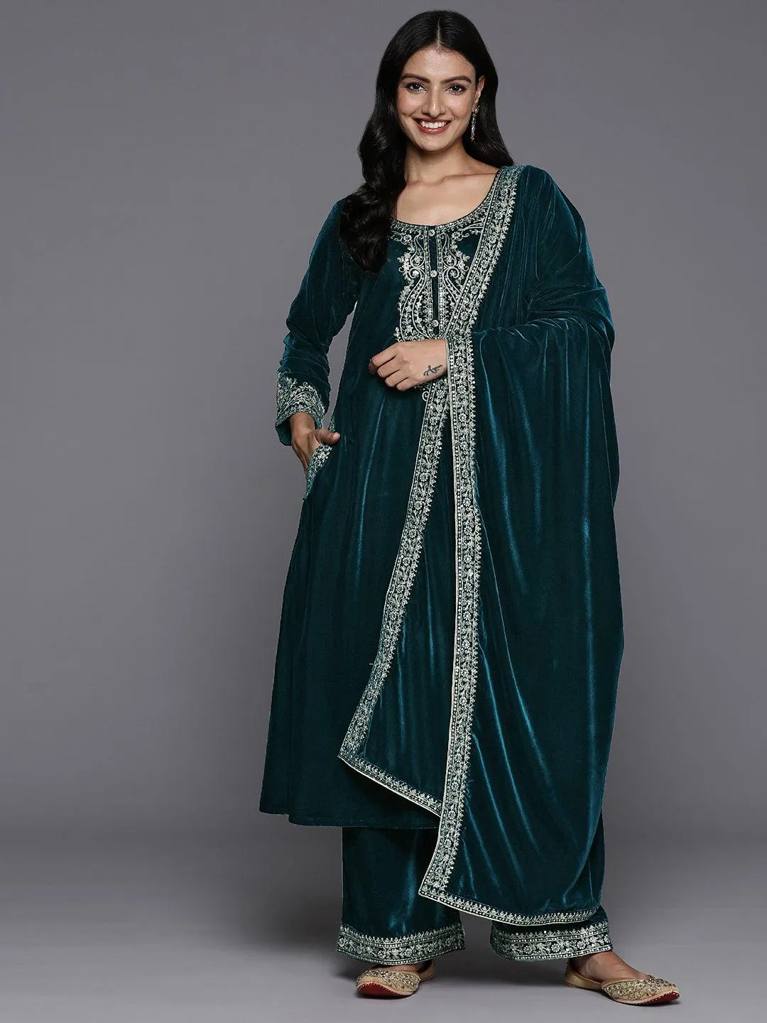 Teal Yoke Design Velvet A-Line Kurta With Palazzos & Dupatta