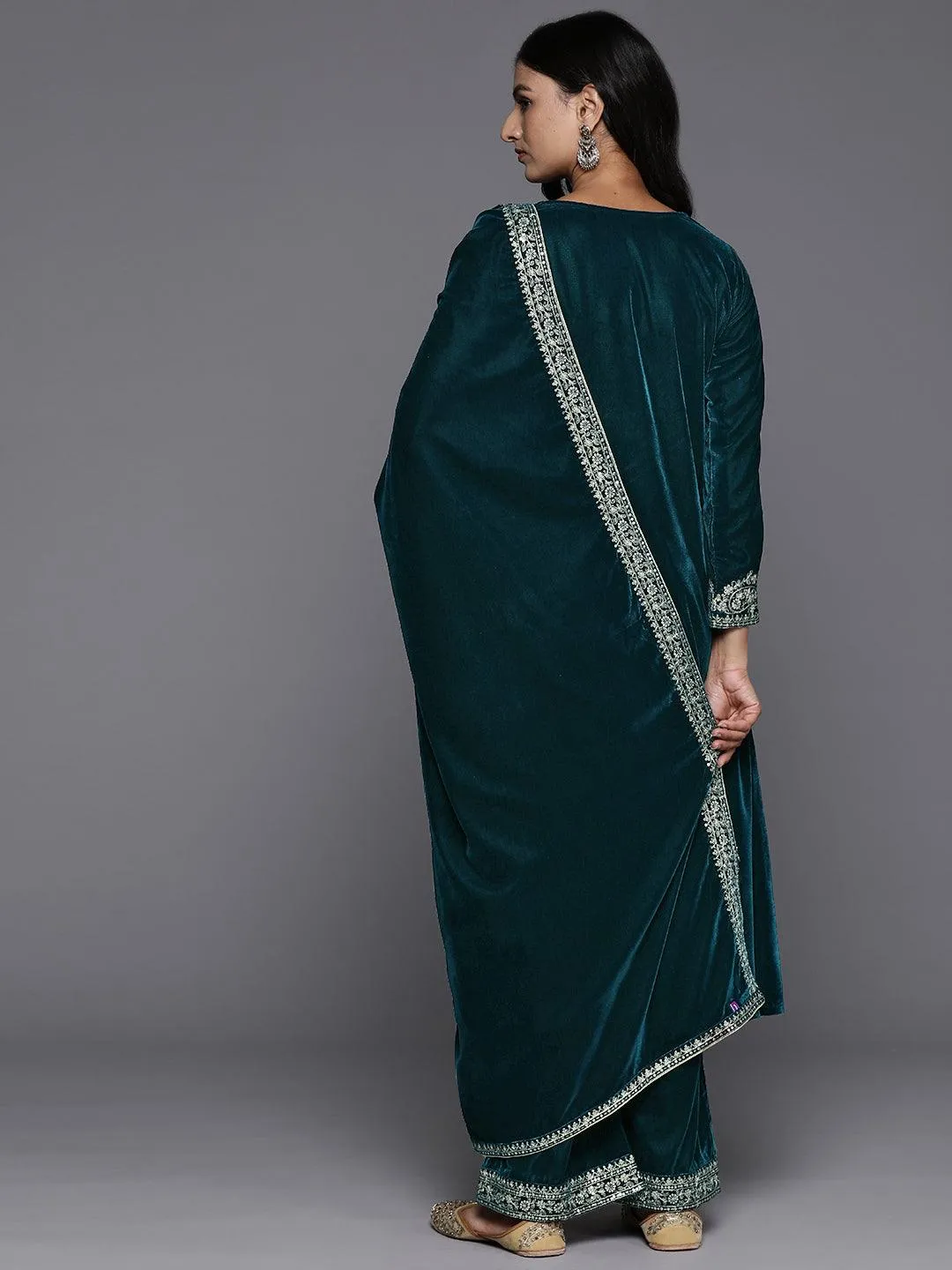 Teal Yoke Design Velvet A-Line Kurta With Palazzos & Dupatta