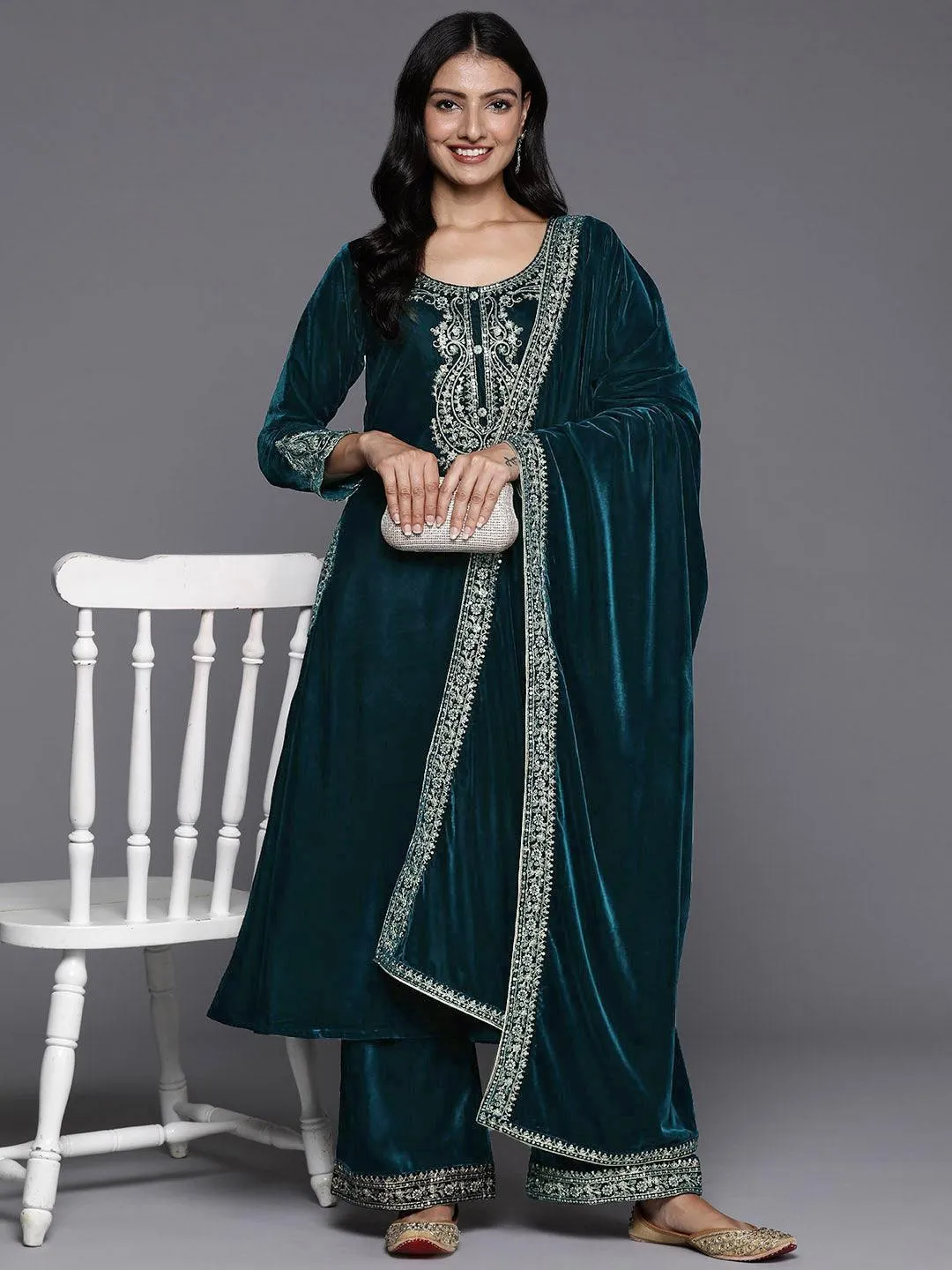 Teal Yoke Design Velvet A-Line Kurta With Palazzos & Dupatta