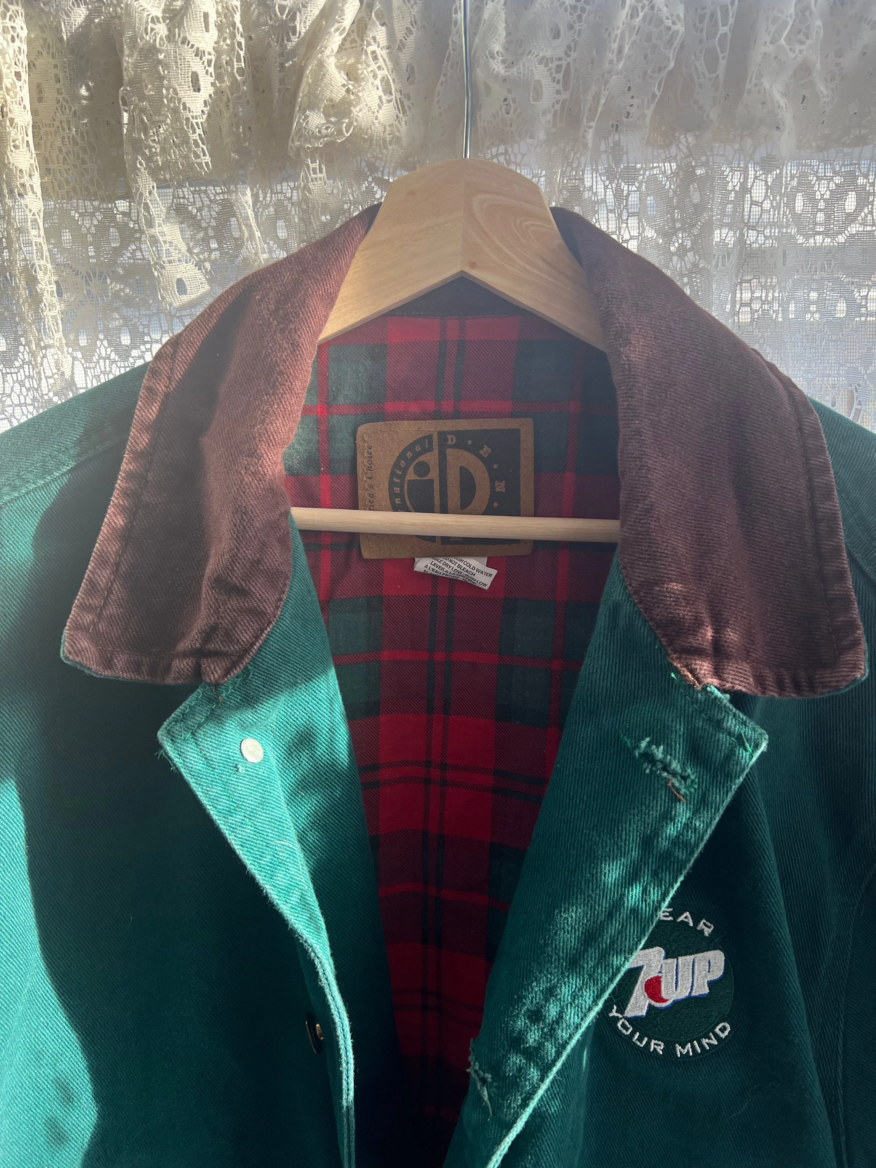 Vintage 90's Green Denim Chore Coat with Red & Green Plaid Liner ("men's" Small)