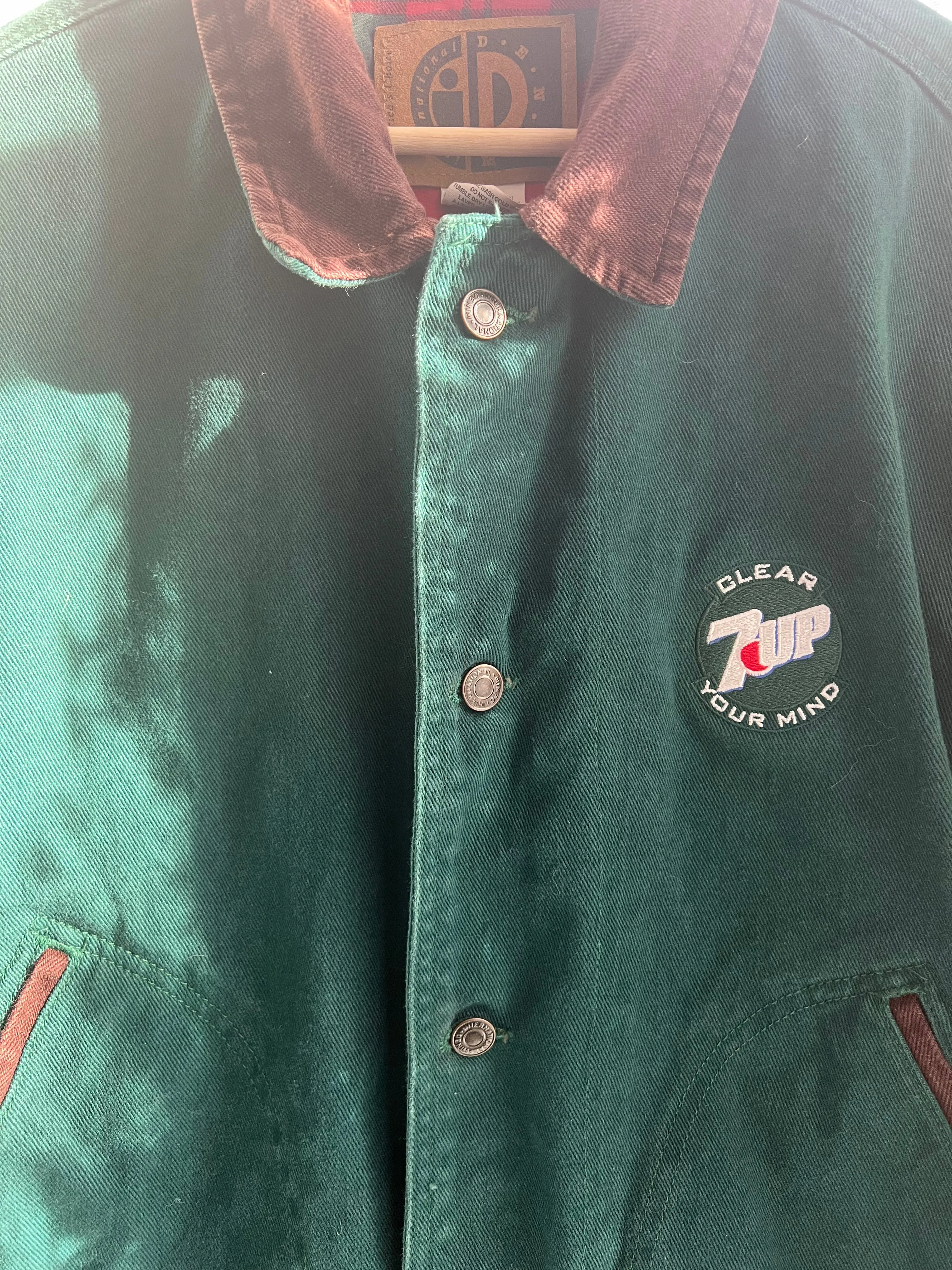 Vintage 90's Green Denim Chore Coat with Red & Green Plaid Liner ("men's" Small)