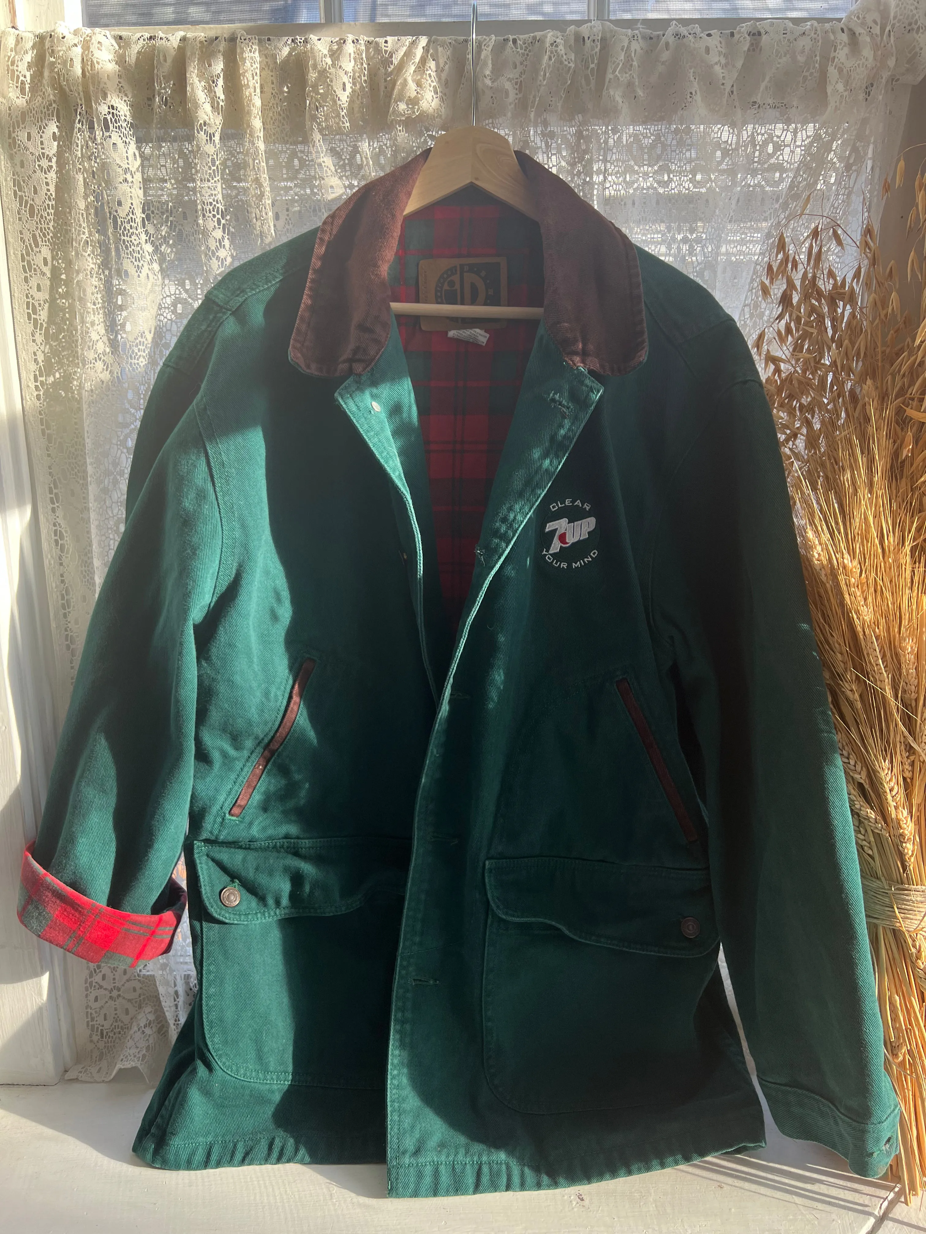 Vintage 90's Green Denim Chore Coat with Red & Green Plaid Liner ("men's" Small)