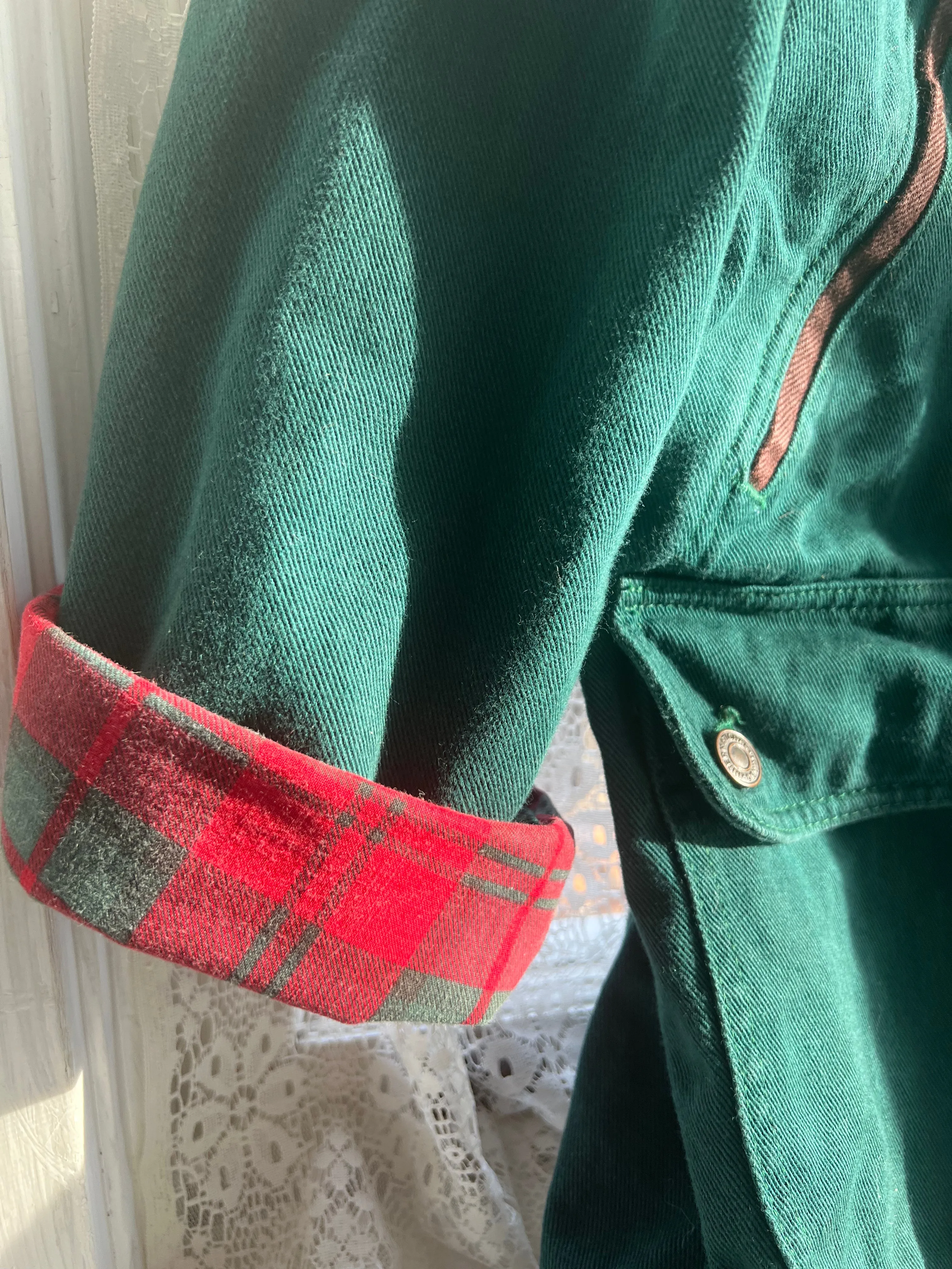 Vintage 90's Green Denim Chore Coat with Red & Green Plaid Liner ("men's" Small)