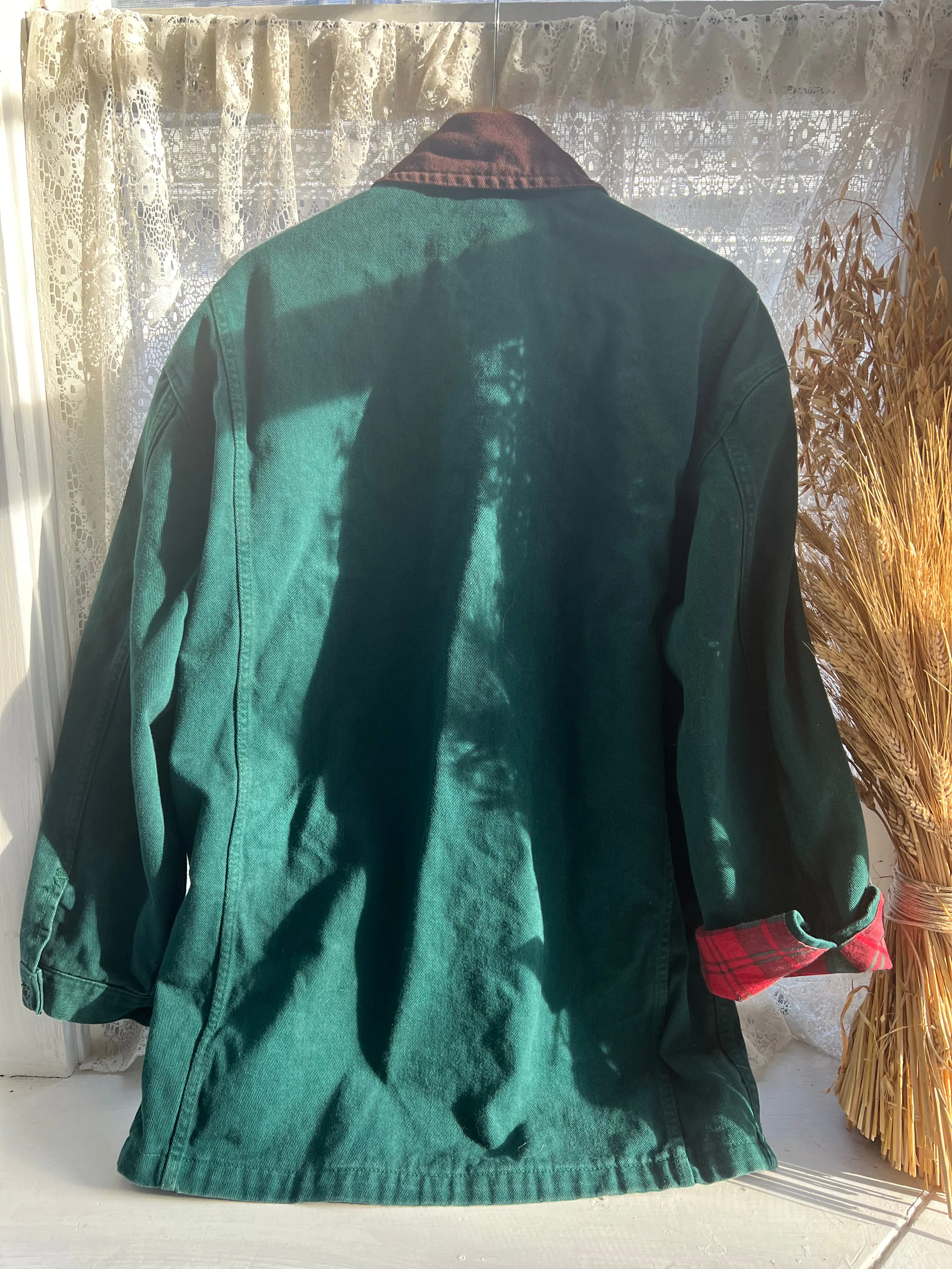 Vintage 90's Green Denim Chore Coat with Red & Green Plaid Liner ("men's" Small)