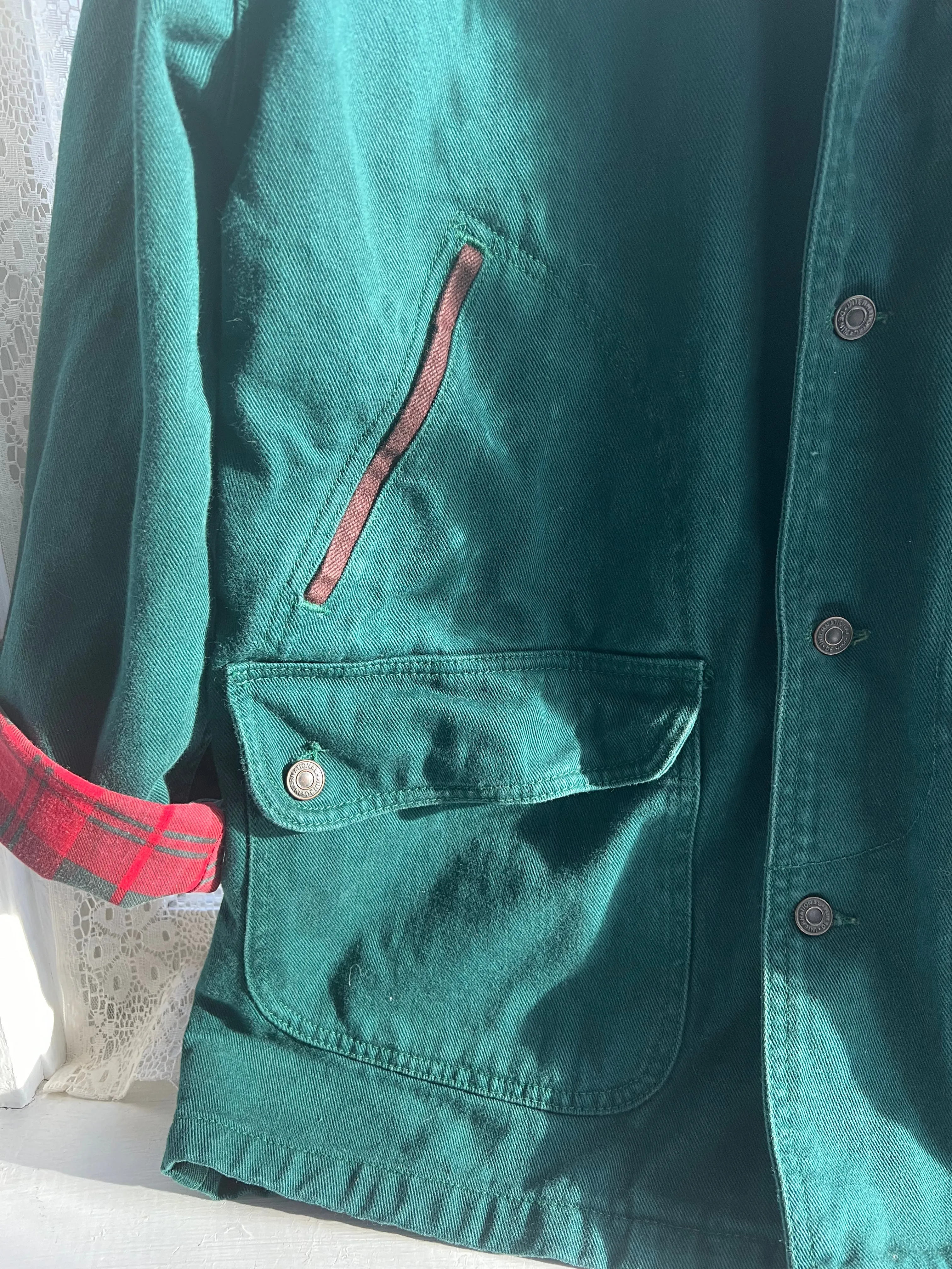 Vintage 90's Green Denim Chore Coat with Red & Green Plaid Liner ("men's" Small)